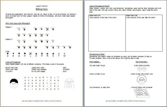 Free Bible Worksheets "Learn about Miracles" for Children